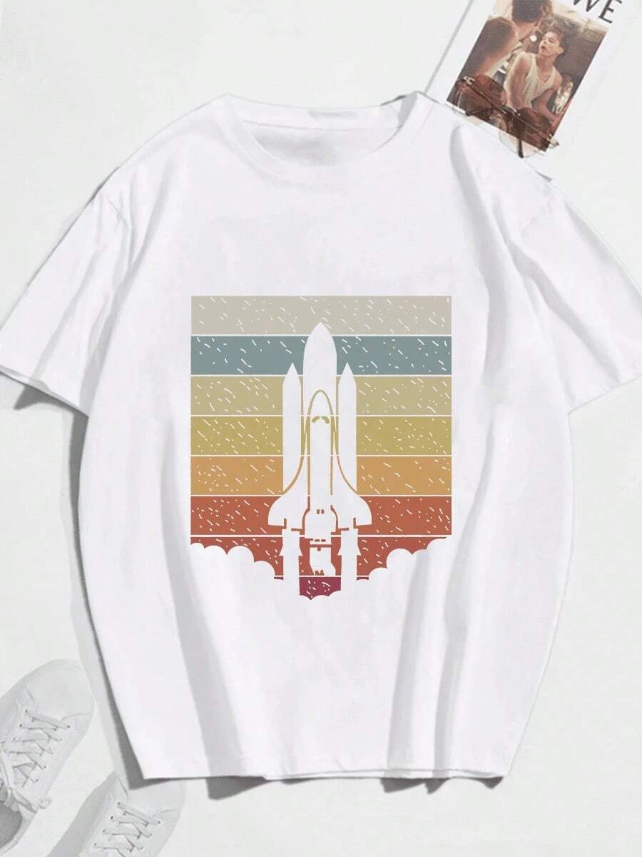 Men's Crew Neck Rocket Print T-Shirt - 白色 - 查看 1