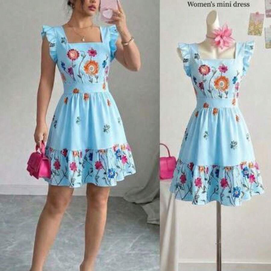 Vestido casual de vacaciones con estampado floral, sin mangas, cuello cuadrado, cintura ceñida y volantes en el bajo, adecuado para carnaval, Día del Trabajo, Pascua, vuelta al colegio, Día del Maestro, estudiante, campus, viaje, verano - Celeste - Ver 1