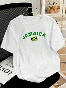 Women's T-Shirt With Jamaica Print, Casual And Modern Design With Green, Black And Gold Flag, Ideal For Summer And An Authentic Look. - 白色的 - 查看 6