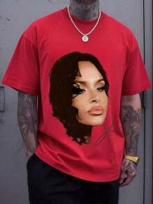Women's Celebrity Portrait Print T-Shirt, Comfortable And Casual Short-Sleeved, High-Quality Cotton Print. 100% Cotton. Suitable For Casual And Versatile Wear In Spring, Summer, And Autumn. - 紅色的 - 查看 1