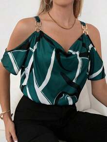 Clasi Blusa con estampado total, detalle de cadena en los hombros descubiertos, parte superior con hombros descubiertos - Verde Oliva - Ver 7
