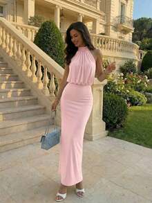 Vestido elegante y digno de invitada de boda con elástico, vestido largo fruncido de cuello halter con tela brillante - Rosa Pálido - Ver 10