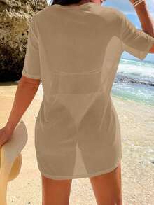 Vestido kaftan de mujer de unicolor con cuello redondo y manga corta, para usar en vacaciones - Caqui - Ver 2