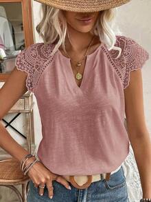 Frenchy Camiseta de algodón de bambú de unicolor de verano con parche de encaje blanco soluble en agua y escote en V. Cómoda y transpirable para uso diario, vacaciones y viajes.Estilo Cottagecore, blanco, temporada de bodas - Rosa - Ver 3