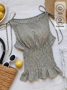 Top sin mangas de moda casual de tela escocesa con cordones para mujer, verano - Caqui - Ver 1
