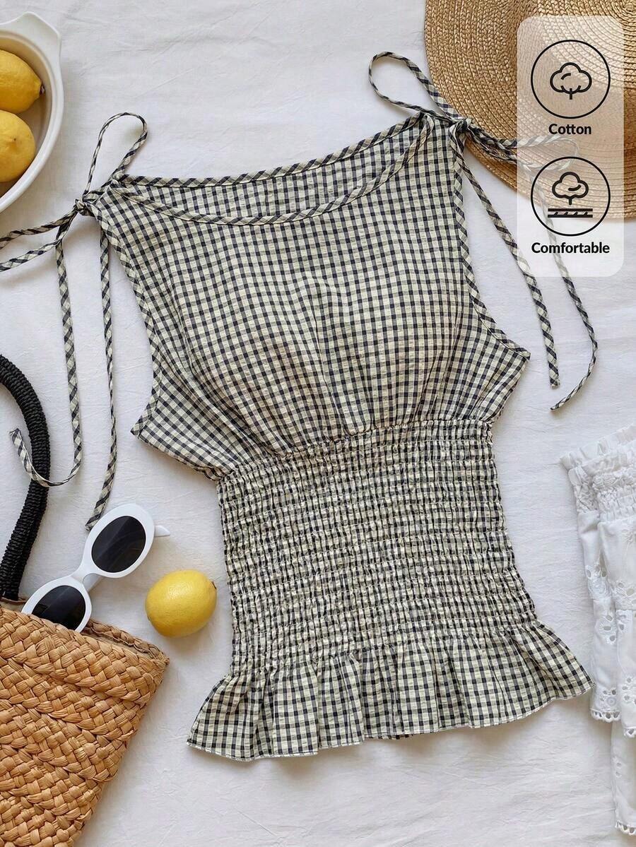 Top sin mangas de moda casual de tela escocesa con cordones para mujer, verano - Caqui - Ver 1