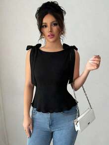 Blusa elegante y de moda de unicolor con tirantes para mujer - Negro - Ver 3