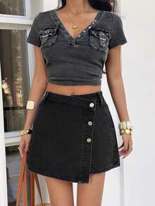 PETITE Short vaquero sexy con bolsillo frontal, cruce de cintura y abotonado para mujer - Negro - Ver 4