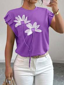 Camiseta de mujer con flores tridimensionales lindas y contrastantes para verano y otoño - Morado - Ver 4