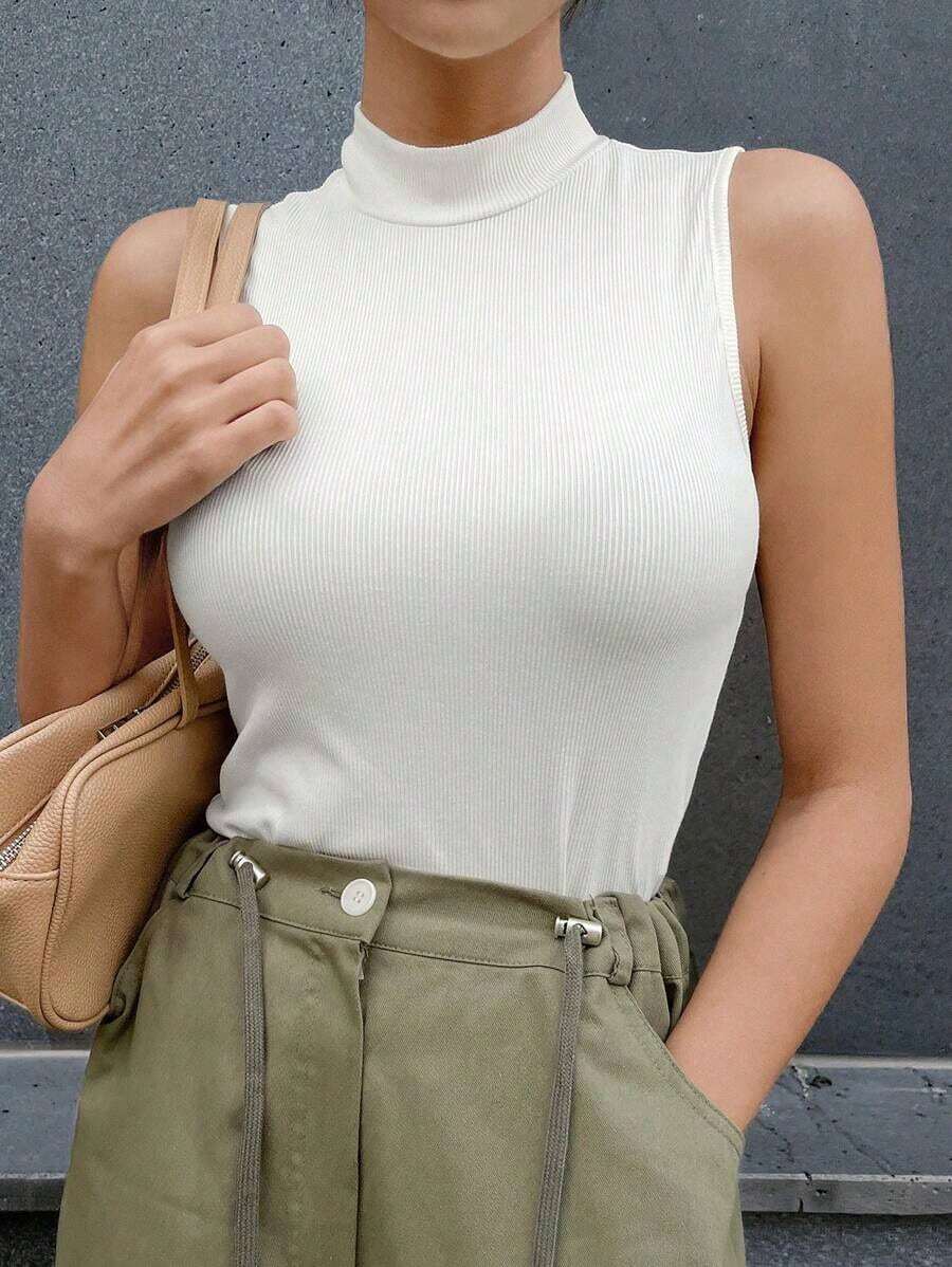 Camiseta de mujer de cuello alto, de unicolor, con ajuste ceñido y mangas cortas, de estilo casual - Blanco - Ver 1