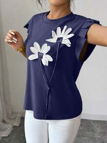 Camiseta de mujer con flores tridimensionales lindas y contrastantes para verano y otoño - Azul marino - Ver 6