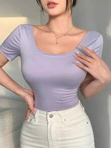 Camiseta ajustada de mujer de manga corta y escote redondo sin espalda de unicolor, top halter de verano - Morado - Ver 6