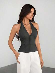 Tall Blazer casual de unicolor con cuello en V para mujer, top de traje tejido - Conjunto de otoño vintage seductor de oficina para maestras - Gris Oscuro - Ver 7