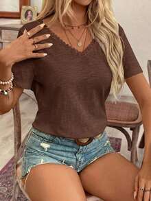 Top con espalda al descubierto y encaje entrelazado, camiseta, blanco imprescindible, conjunto de verano, imprescindible de la temporada de bodas, estilo francés - Café integral - Ver 2
