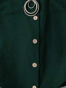 Camisa casual de moda cómoda para mujer de talla grande, de unicolor, con cierre de botones completo, cuello de solapa, manga corta y bolsillos dobles - Verde Oscuro - Ver 5