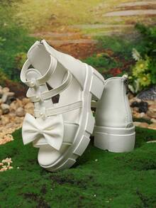 1 Pair Teenage Girls' White Thick-Sole Roman Style Princess Sandals, Solid Color Soft PU Woven + Shiny Pearl Bow Decor, Round Toe Open Toe Chunky Heel Comfortable Soft Bottom Non-Slip Rear Zipper Design, Fashion Sweet Princess Style Wedge Sandals, Suitable For Daily, School, Outing, Travel, Spring/Summer New Arrival - White - View 9