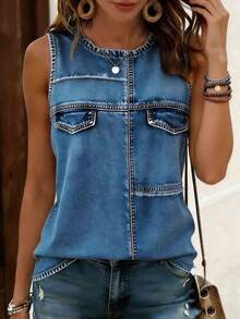 de mujer talla grande con estampado floral y cuello redondo, cómoda blusa de tirantes de cuello redondo casual, adecuada para uso diario en verano - Multicolor 3 - Ver 4