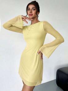 Vestido mini minimalista, elegante y sexy de lunares blanco y negro para mujer, estilo retro con cuello barco, mangas acampanadas, cintura alta y línea A, ideal para primavera/verano, Día de San Valentín - amarillo ganso - Ver 6