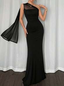Vestido ajustado asimétrico de cuello elegante, romántico y sexy, adecuado para fiesta, vacaciones en la playa, vuelta al colegio, citas románticas, temporada de bodas, cumpleaños, Pascua, primavera/verano - Negro - Ver 2