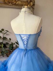 Elegante y lujoso vestido corto hecho a mano con aplicaciones bordadas, encaje de ganchillo y parches de satén, con abertura en la cintura, adecuado para citas, fiestas de solteros, galas, bailes, Día de San Valentín - Celeste - Ver 6