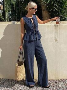 Conjunto de 2 piezas de top de tirantes finos a rayas y pantalones casuales de verano para mujer, conjunto de prendas de estar en casa - Azul marino 6 - Ver 7
