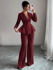 con cintura ceñida elegante, pantalones slim con vuelo de moda para ir al trabajo, atuendo para vacaciones/citas, Día de la Independencia, atuendo de maestra para mujeres - Burdeos - Ver 7