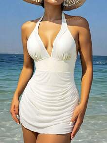 Swim Vcay Vestido de baño texturizado sin aros, negro sólido, para mujer, ideal para vacaciones de primavera, fiestas casuales de verano y playas - Blanco - Ver 5