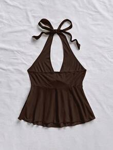 Bata escote en V con lazo y espalda descubierta informal de estilo casual para vacaciones, adecuada para el verano - Marrón - Ver 2