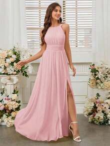 Belle Vestido de dama de honor con cuello de halter de unicolor, cintura imperio y abertura frontal alta.Elegante vestido color púrpura claro para boda. - Rosa - Ver 7