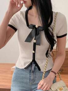 Camiseta casual y elegante de mujer con cuello cuadrado, bloque de color, lazo y manga corta para el verano - Blanco - Ver 9