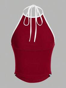 Top de tirantes casual con cuello de halter y pliegues con estampado de letras para mujer - Burdeos - Ver 2