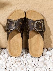 Women's Large Round Buckle Non-Slip Round Toe Flat Sandals, Brown Slippers Suitable For Summer Vacation And Daily Wear,Beach Sandals - Brown - View 6