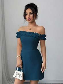 Vestido midi romántico para mujer con hombros descubiertos y corte en la cintura - Agua verde azul - Ver 4