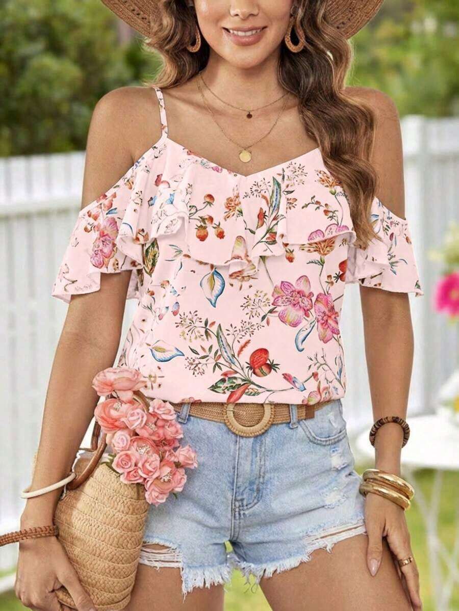Blusa de mujer de gasa con hombros descubiertos, bajo con volantes y estampado, para primavera/verano y vacaciones - Rosa 2 - Ver 1