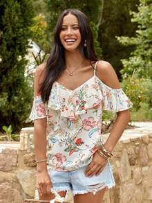 Blusa casual de verano con estampado floral y volantes en el bajo - Multicolor - Ver 5