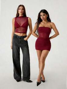 Vestido mini tubo negro sexy ajustado con pliegues y malla de unicolor para mujer - Burdeos - Ver 8