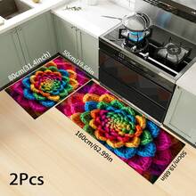 1 pieza Alfombra impresa con patrón floral colorido 2D, Serie de felpudos largos, Adecuado para sala de estar, lavandería, baño, dormitorio, cocina - Multicolor - Ver 5
