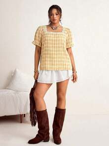 Blusa de manga corta con cuello cuadrado y parches de encaje de talla grande, blusa de manga abullonada - Amarillo - Ver 5