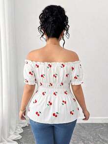 Blusa de manga corta con hombros descubiertos, volantes y estampado de flores de cerezo, de talla grande y diseño elegante.Corte de cintura minimalista y estilizador.Adecuada para el uso diario, citas, salidas y vacaciones. - Multicolor - Ver 2