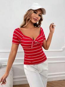 Camisetas Nudo A rayas Casual - Rojo - Ver 6