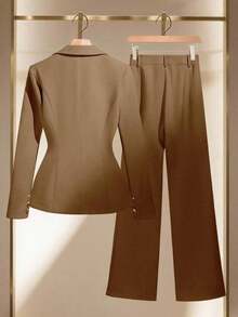 Conjunto de blazer y pantalón de bolsillo de unicolor azul con botones dorados y cuello entallado elegante para mujer, versátil para otoño/invierno - Café integral - Ver 2