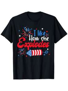 I Like How He Lights The Fireworks. Funny Couple's Style T-Shirt For Independence Day. Men's Printed T-Shirt. Funny T-Shirt. 100% Cotton. Sizes S-XXXXXL. - 黑色 - 查看 1