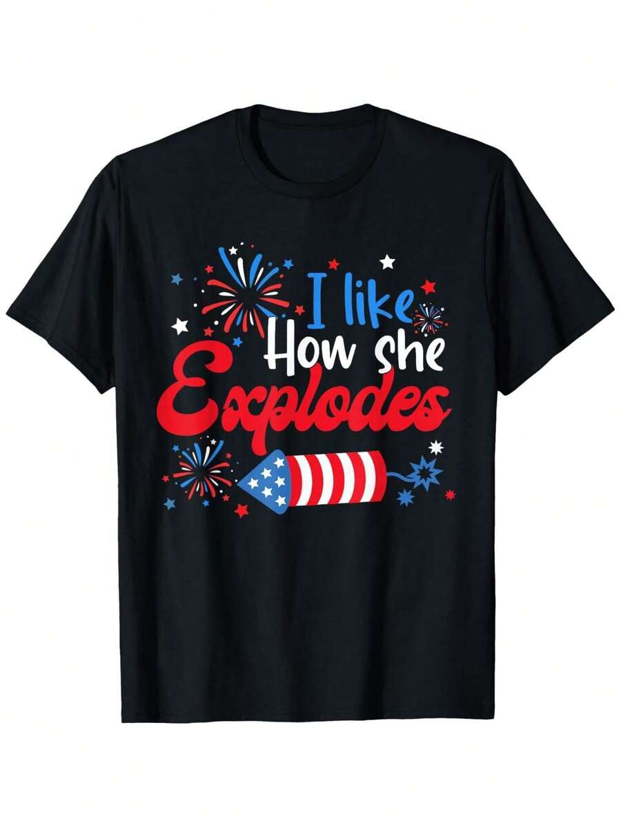 I Like How He Lights The Fireworks. Funny Couple's Style T-Shirt For Independence Day. Men's Printed T-Shirt. Funny T-Shirt. 100% Cotton. Sizes S-XXXXXL. - 黑色 - 查看 1