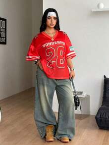 Camiseta de béisbol rosa con gráficos de malla transpirable de talla grande para mujer, para primavera/verano, festivales, salir y usar en la calle, con estilo vintage - Rojo 2 - Ver 3