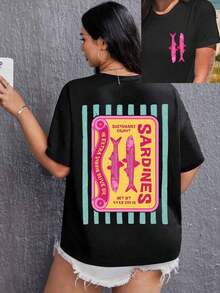 Camiseta de Verano con Estampado Gráfico de Sardinas, Manga Corta, Cuello Redondo, Top Casual para Mujer para Verano y Primavera, Ropa de Mujer - Negro - Ver 1