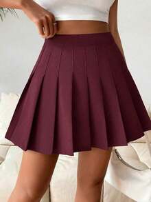 Falda pantalón casual de talle alto con pliegues y rayas para mujer - Burdeos 2 - Ver 3