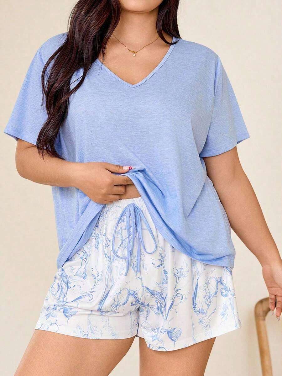 Miss Vinta Women's Plus Size 2-Piece Pajama Set With Short-Sleeve V-Neck Top And Floral Print Shorts. Comfortable Summer Pajama Set For Women With Shorts And Top, Summer Loungewear - 彩色 - 查看 1