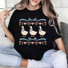Women's Casual Printed Short Sleeve T-Shirt - Cute And Fun Print Of A Duck With A Bow, Pure Cotton Black T-Shirt With Round Neck, Machine Washable, Breathable And With Slight Stretch. - 黑色 - 查看 2