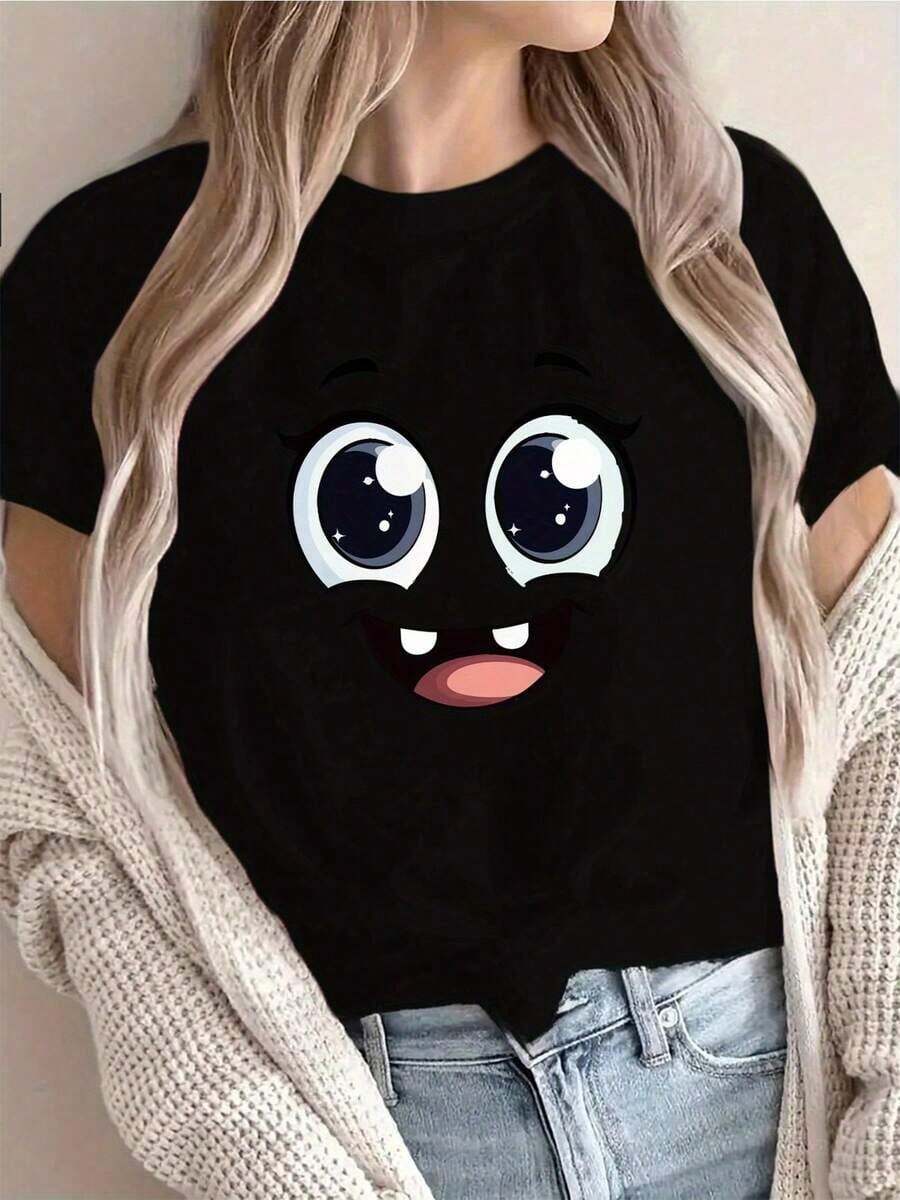 100% Cotton. Fun And Original T-Shirt With Animated Graphic Design And Smiling Expression For Young People And Adults, Ideal For Casual Occasions, Meeting With Friends Or Everyday Wear; Available In Sizes S, M, L, XL, Black Color; Youth Fashion. - 黑色 - 查看 1