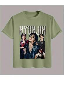 Stray  Graphic T-Shirt - Black K-Pop Concert T-Shirt With Bold HYUN JIN Lettering And Member Portraits - Unisex Crew Neck, Short Sleeve, High-Quality Casual Wear, Perfect Gift For Fans - 黑色 - 查看 7